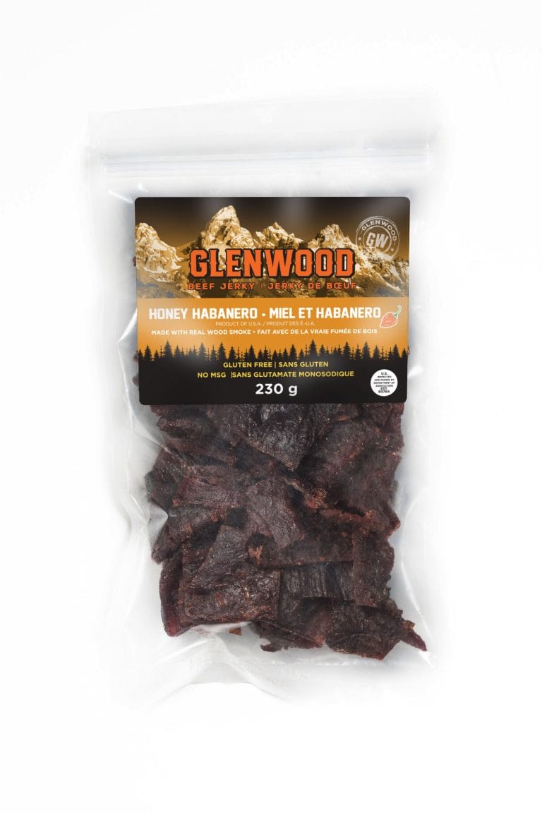 Glenwood Honey Habanero beef jerky, Canada bilingual label, 230 g clear resealable bag.