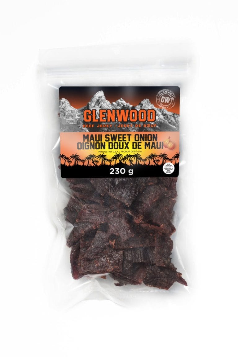 Glenwood Maui Sweet Onion beef jerky, 230 g Canadian pack with bilingual label in clear resealable bag.