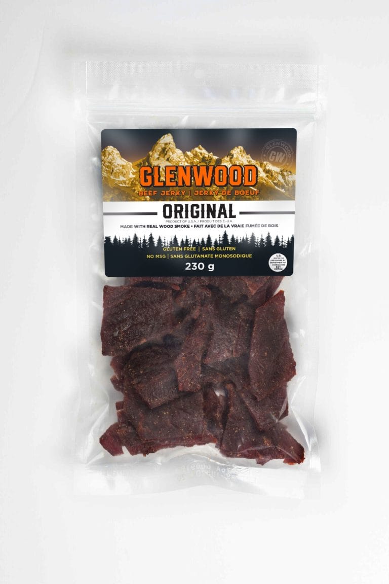 Glenwood Original beef jerky, 230 g Canadian pack with bilingual label in clear resealable bag.