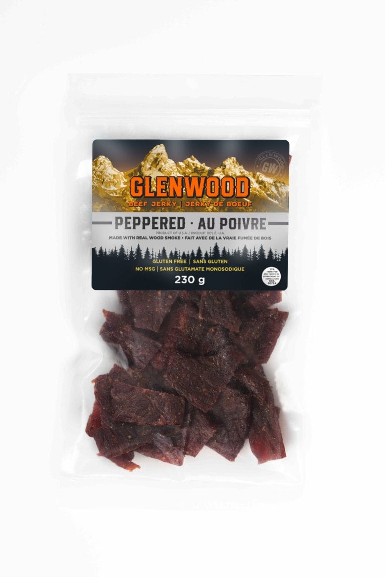 Glenwood Peppered Au Poivre beef jerky, 230 g Canadian pack with bilingual label in clear resealable bag.