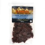 Glenwood Smoke Pit Beef Jerky 230g bag with mountain label and visible smoked jerky pieces.