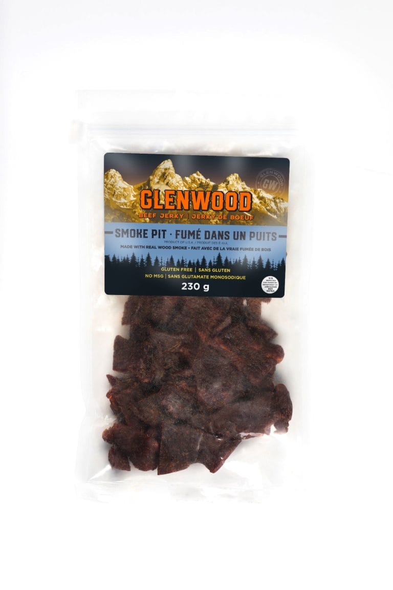 Glenwood Smoke Pit Beef Jerky 230g bag with mountain label and visible smoked jerky pieces.