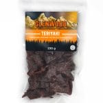 Glenwood Teriyaki beef jerky 230g package with orange mountain label and clear resealable bag.
