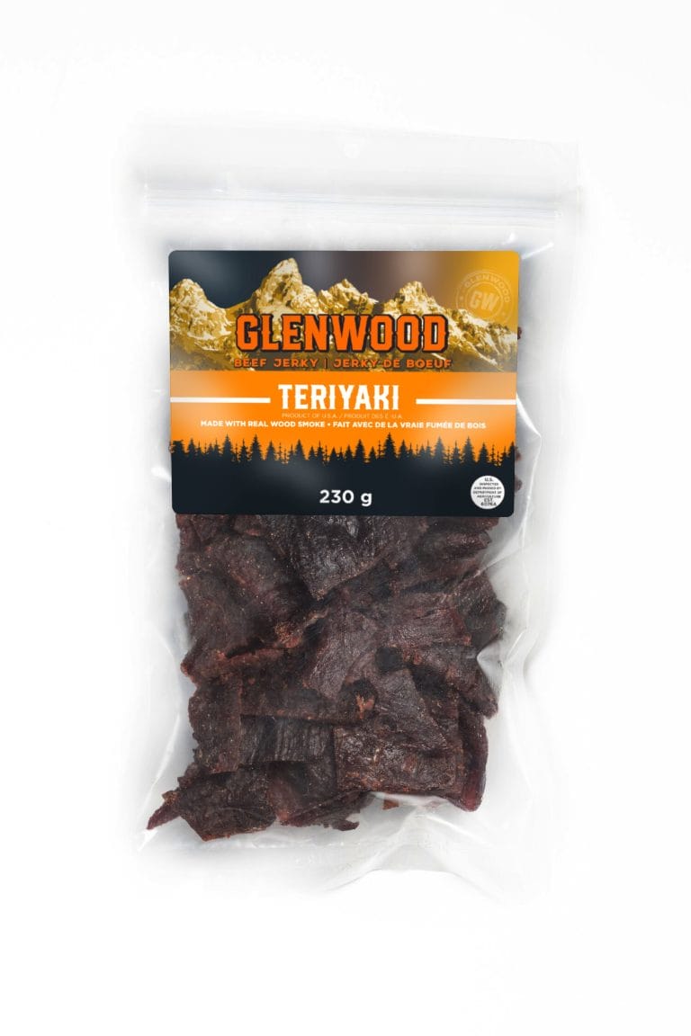 Glenwood Teriyaki beef jerky 230g package with orange mountain label and clear resealable bag.