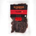 Glenwood Beef Jerky 7 Alarm, extra hot flavor, 10 oz clear resealable bag with red challenge label.