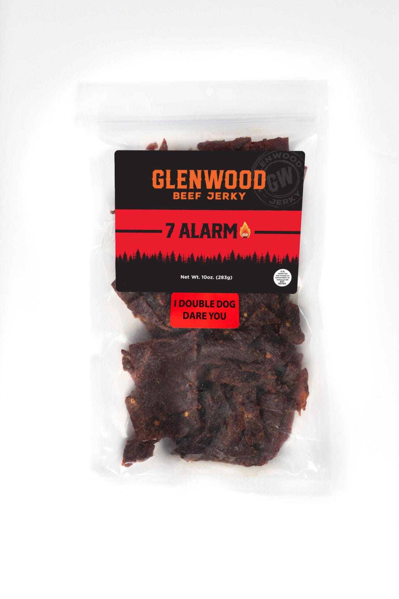 7Alarm-10oz Glenwood Beef Jerky 7 Alarm, extra hot flavor, 10 oz clear resealable bag with red challenge label.