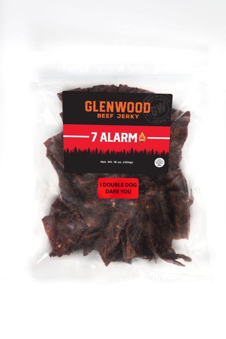 Glenwood Beef Jerky 7 Alarm, extra hot flavor, 16 oz clear resealable bag.