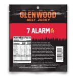 Back of Glenwood Beef Jerky 7 Alarm bag showing nutrition facts, ingredients, and barcode.