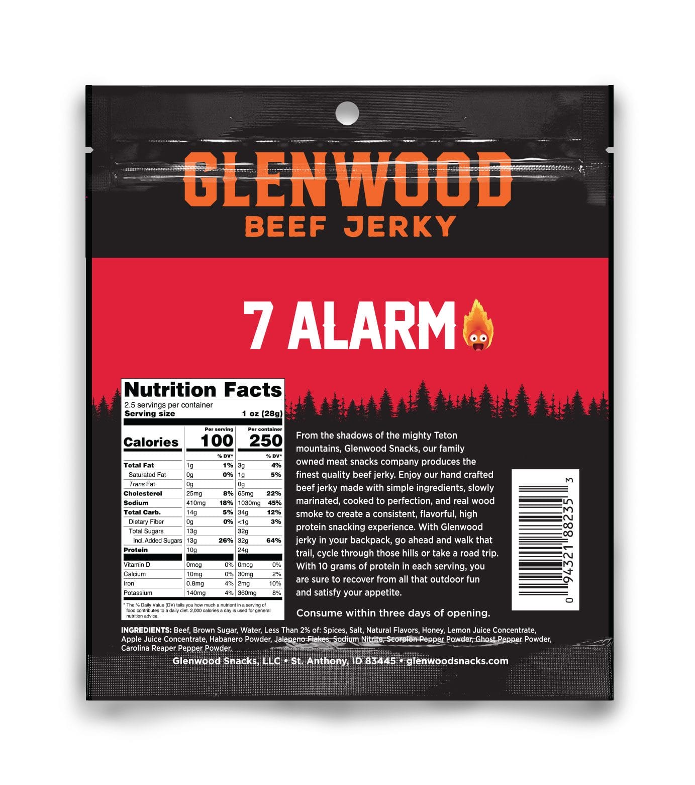 7Alarm-2.5oz-Mockup-BACK Back of Glenwood Beef Jerky 7 Alarm bag showing nutrition facts, ingredients, and barcode.