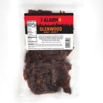 Glenwood Beef Jerky 7 Alarm, extra hot flavor, clear resealable bag with front nutrition label.