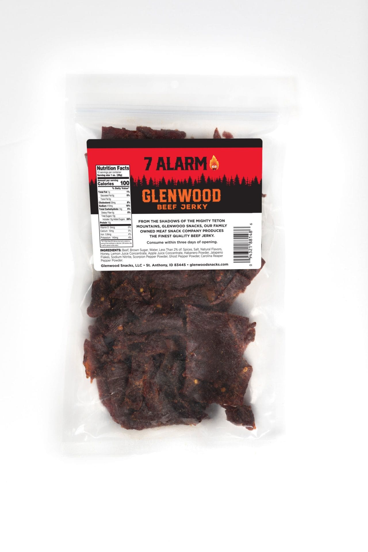7Alarm10ozBACK (1) Glenwood Beef Jerky 7 Alarm, extra hot flavor, clear resealable bag with front nutrition label.