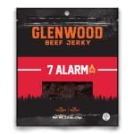 Glenwood Beef Jerky 7 Alarm, 2.5 oz snack bag front with product window.