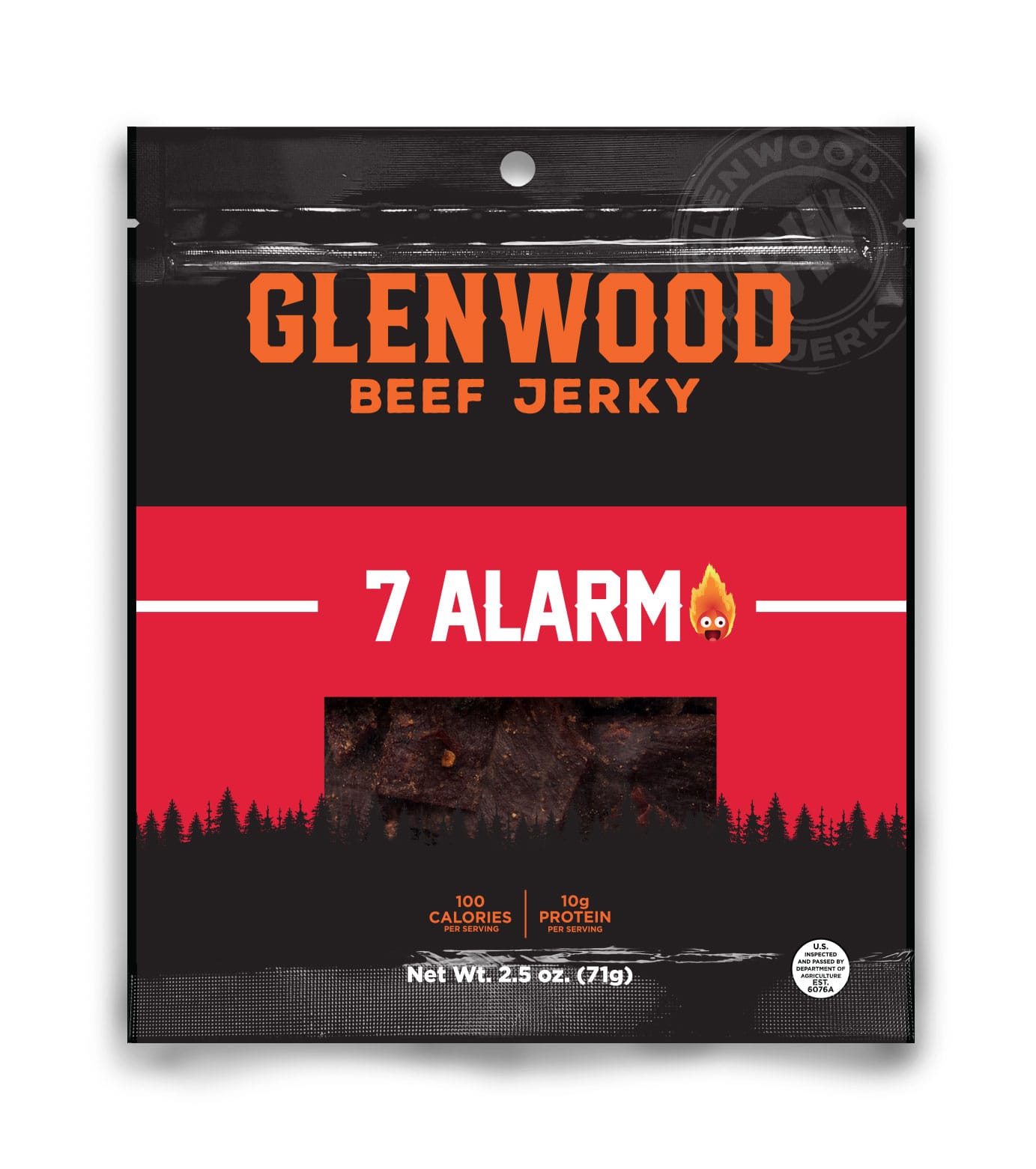 7Alarm25ozMockup (1) Glenwood Beef Jerky 7 Alarm, 2.5 oz snack bag front with product window.