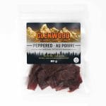 Glenwood Peppered Au Poivre beef jerky, 80 g Canadian pack with bilingual label in clear resealable bag.