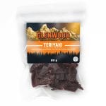 Glenwood Teriyaki Canadian beef jerky 80g package with orange mountain label in clear resealable bag.