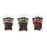Glenwood Beef Jerky three-pack: Peppered, Sweet & Spicy, and 7 Alarm flavors in clear resealable bags.