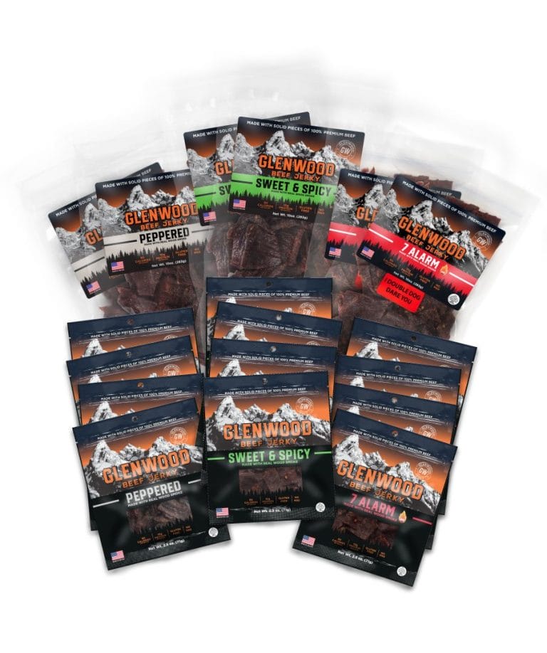 Glenwood Beef Jerky variety pack with Peppered, Sweet & Spicy, and 7 Alarm flavors in display.