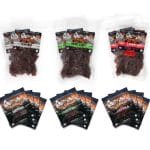 Glenwood Beef Jerky variety pack showing Peppered, Sweet & Spicy, and 7 Alarm flavors in pouches and bags.
