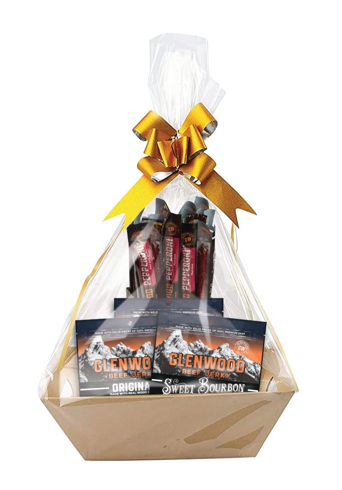 Glenwood jerky gift basket with Original and Sweet Bourbon packs, cellophane wrap and gold bow.