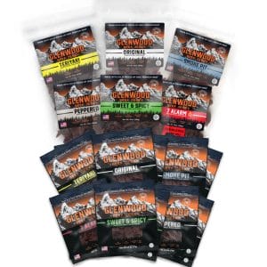 Glenwood Grand Slam Beef Jerky Variety Pack featuring multiple flavors in black mountain design packaging.
