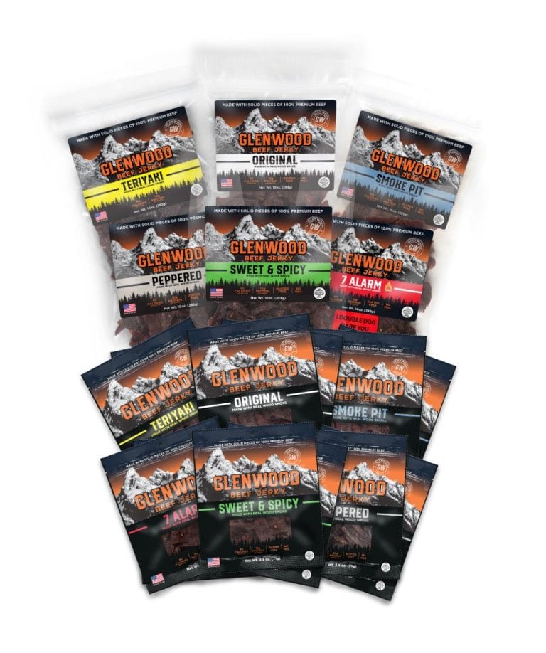 Glenwood Grand Slam Beef Jerky Variety Pack featuring multiple flavors in black mountain design packaging.