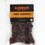 Glenwood Honey Habanero beef jerky, 10 oz resealable bag with visible spicy jerky pieces.