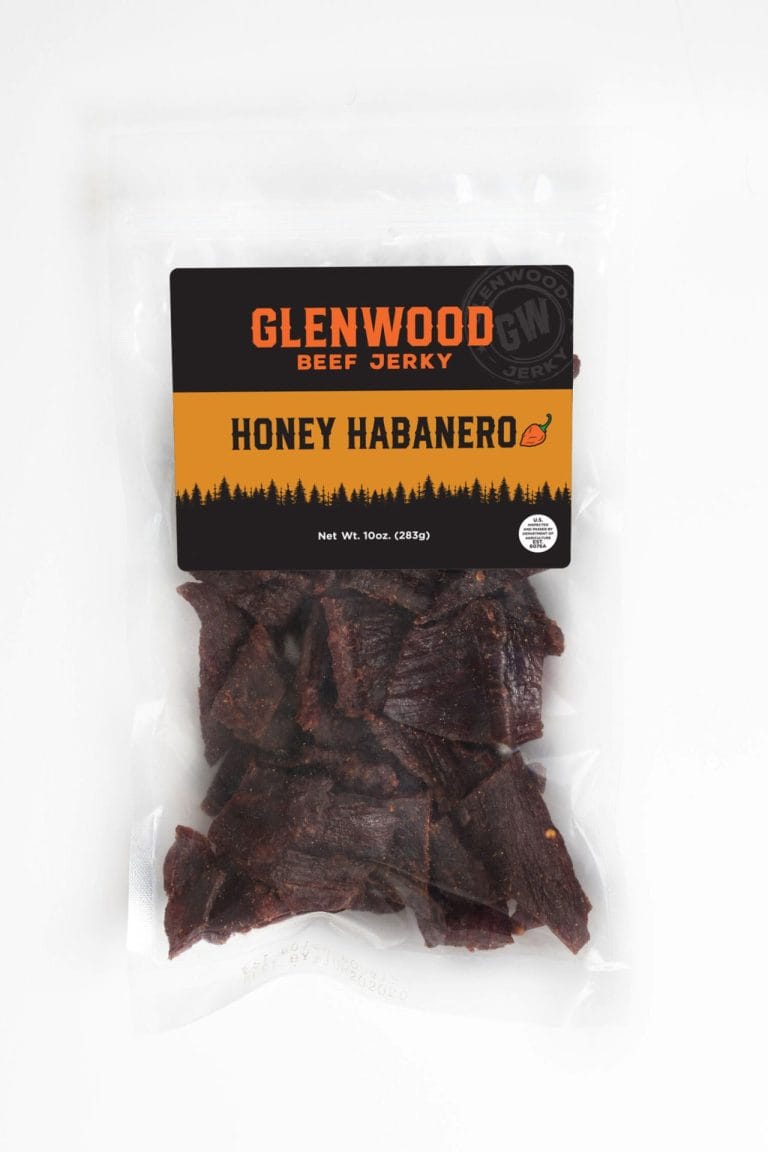 Glenwood Honey Habanero beef jerky, 10 oz resealable bag with visible spicy jerky pieces.