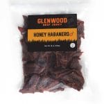 Glenwood Honey Habanero beef jerky, 16 oz resealable bag with visible spicy jerky pieces.