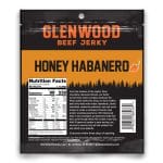 Glenwood Honey Habanero beef jerky pouch back with nutrition facts, ingredients list, and barcode.