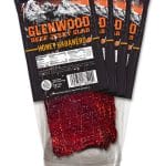 Glenwood Honey Habanero beef jerky slabs, 12-pack of 1.6 oz slabs in display packaging.