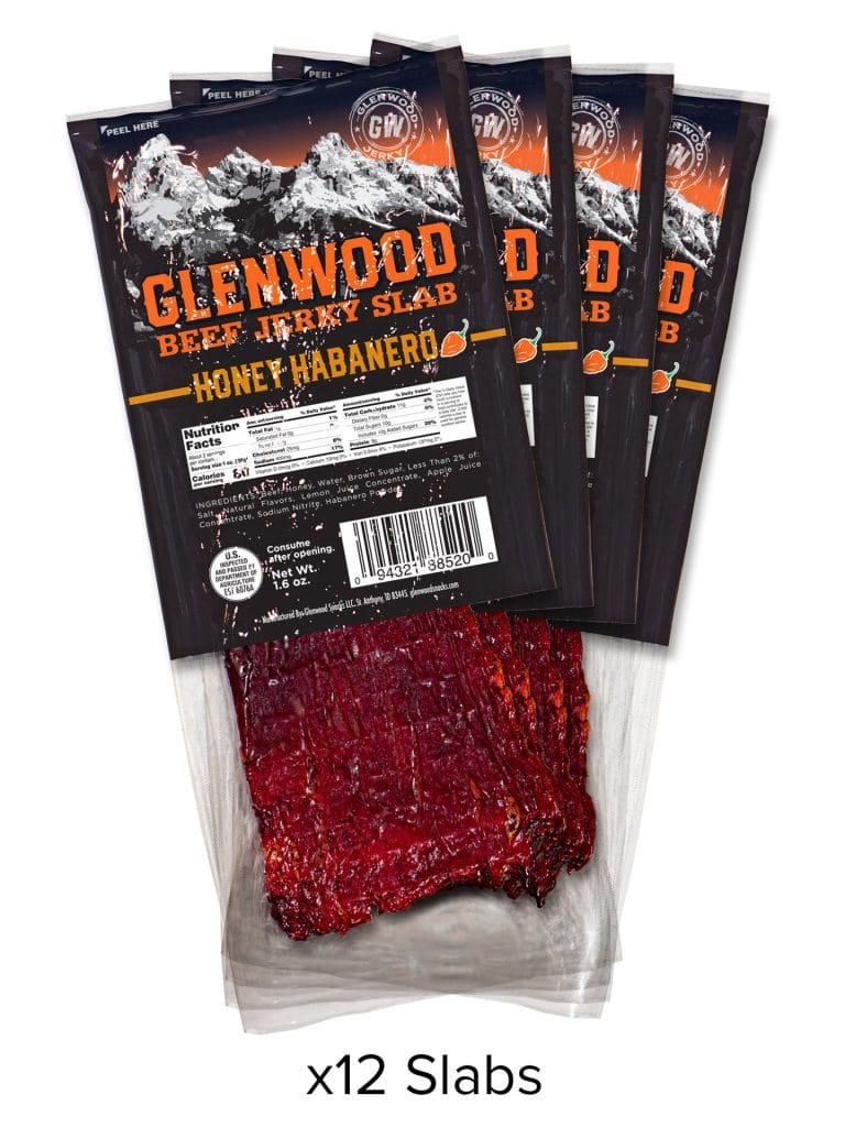 Glenwood Honey Habanero beef jerky slabs, 12-pack of 1.6 oz slabs in display packaging.