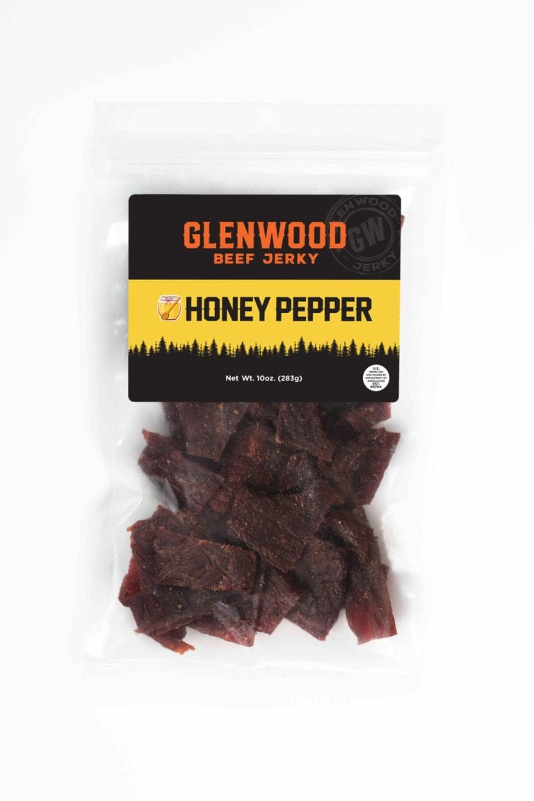 Glenwood Honey Pepper beef jerky 10oz package showing dark seasoned beef pieces in clear sealed bag.
