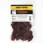 Glenwood Honey Pepper beef jerky 16oz package with dark seasoned beef pieces in clear sealed bag.