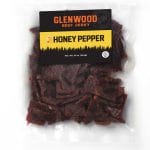 Glenwood Honey Pepper beef jerky 16oz package with dark seasoned beef pieces in clear sealed bag.