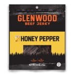 Front view of Glenwood Honey Pepper beef jerky 2.5oz package with bold yellow label.