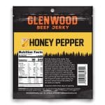 Back view of Glenwood Honey Pepper beef jerky package showing nutrition facts and ingredient details.