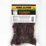 Front view of Glenwood Mango Jalapeno beef jerky package showing nutrition facts and dark beef pieces.