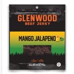 Front view of Glenwood Mango Jalapeno beef jerky 2.5oz package with yellow and green label design.