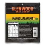 Back view of Glenwood Mango Jalapeno beef jerky package showing nutrition facts and product story.
