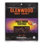 Glenwood Beef Jerky Maui Onion Teriyaki bag with sunset palm design and onions with teriyaki bowl.