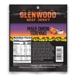 Glenwood Beef Jerky Maui Onion Teriyaki flavor packaging with sunset design and nutrition facts.