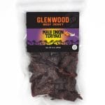Glenwood Maui Onion Teriyaki beef jerky 9oz package with dark jerky pieces in a clear sealed bag.