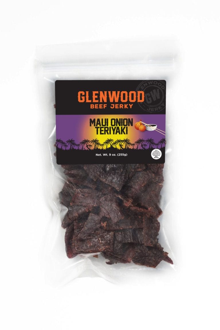 Glenwood Maui Onion Teriyaki beef jerky 9oz package with dark jerky pieces in a clear sealed bag.