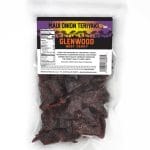 Back view of Glenwood Maui Onion Teriyaki beef jerky 9oz package with nutrition facts and barcode visible.