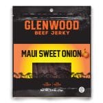 Glenwood Beef Jerky Maui Sweet Onion bag with sunset palm design and product window showing jerky.