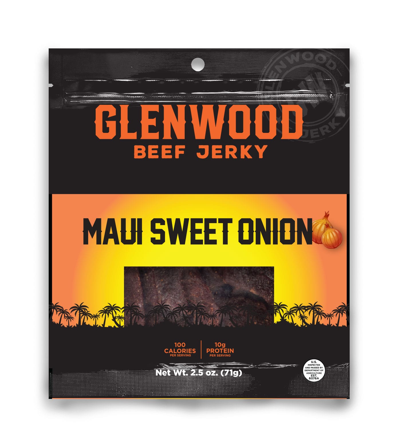 MauiSweetOnion-2.5oz-Mockup Glenwood Beef Jerky Maui Sweet Onion bag with sunset palm design and product window showing jerky.