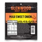 Glenwood Beef Jerky Maui Sweet Onion flavor packaging with sunset palm design and nutrition facts panel.