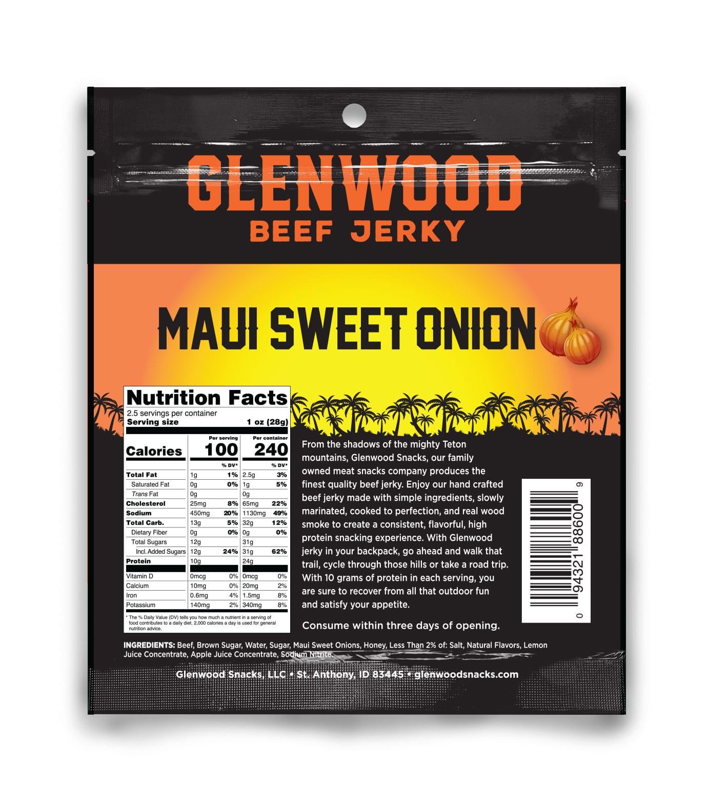 OriginalMockup Glenwood Beef Jerky Maui Sweet Onion flavor packaging with sunset palm design and nutrition facts panel.