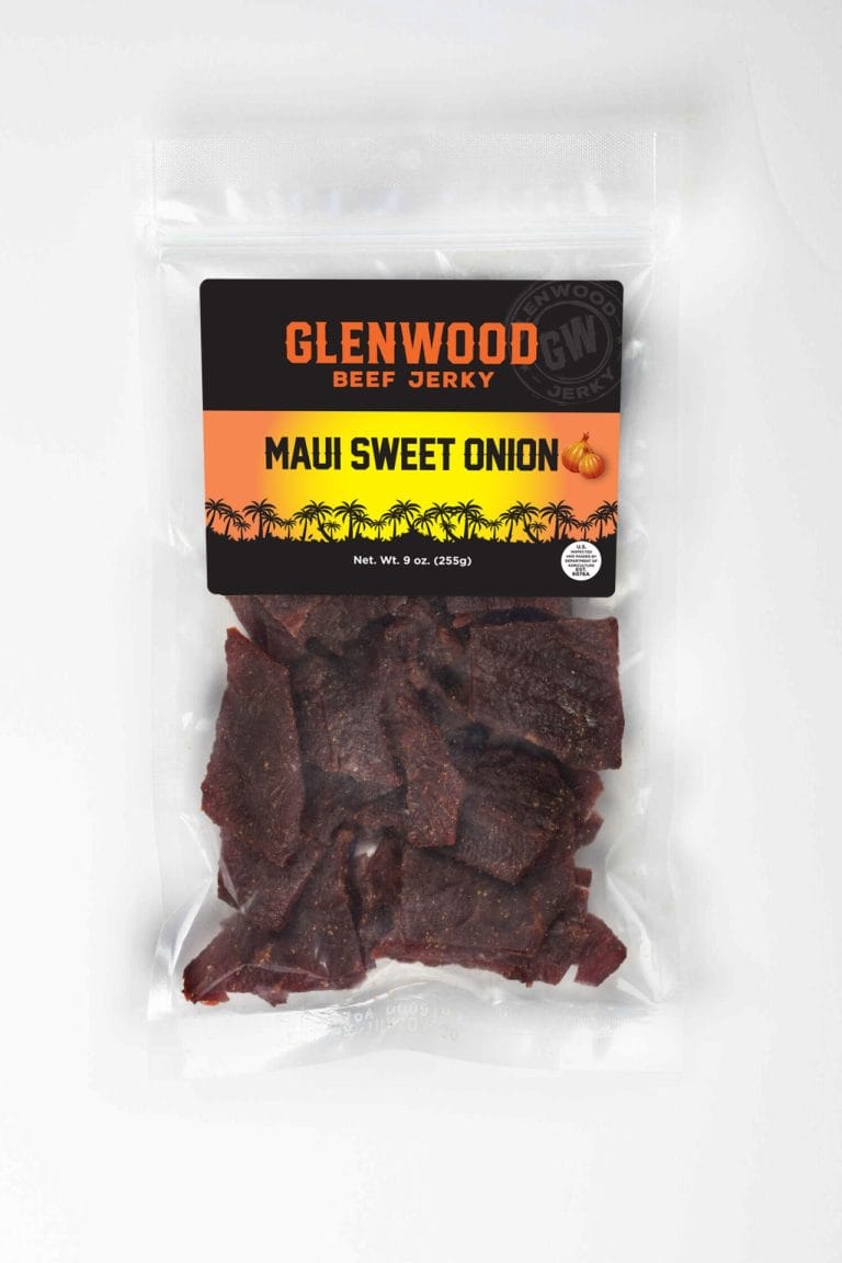 Glenwood Maui Sweet Onion Beef Jerky 9oz bag with sunset palm label and visible jerky pieces.