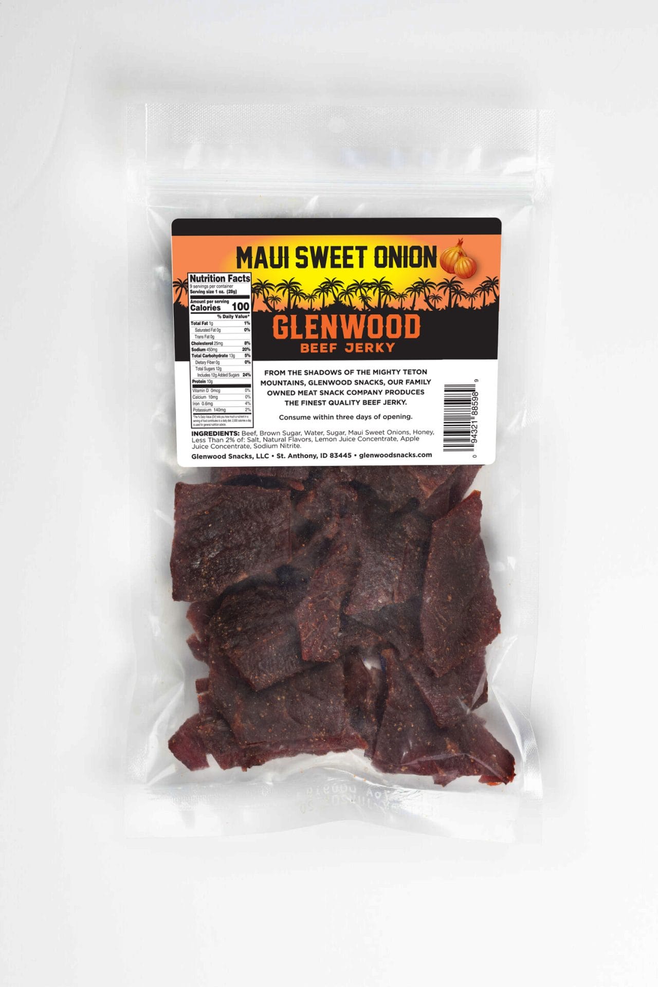MauiSweetOnion-9oz-BACK Glenwood Maui Sweet Onion Beef Jerky in clear resealable bag with sunset palm label and visible pieces.